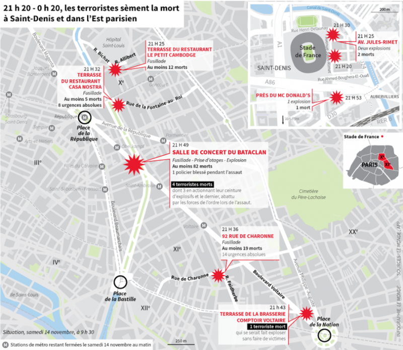 La mappa degli attentati di Parigi di Le Monde