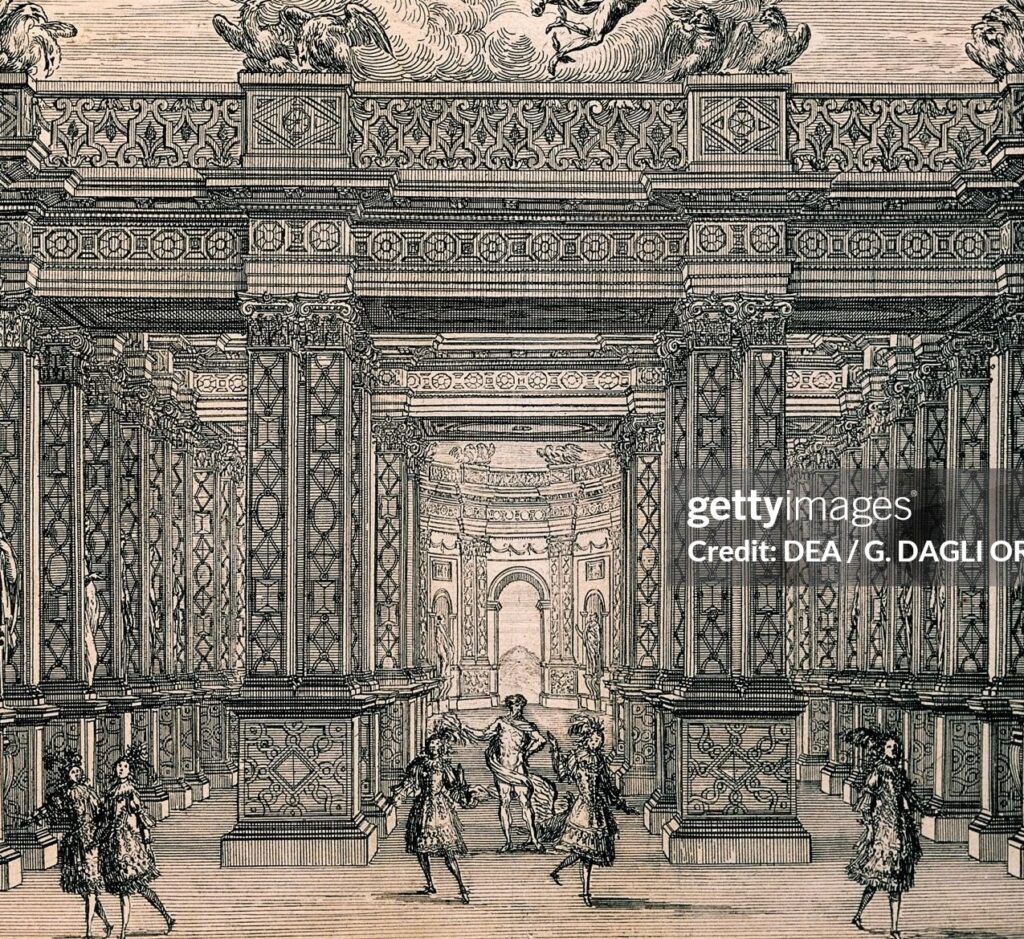 la litografia di uno spettacolo parigino di teatro del 1654: Le nozze di Peleo e Theti
