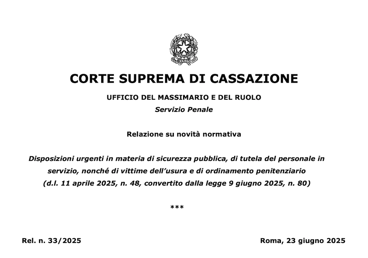 Il frontespizio del parere del Massimario della Cassazione dedicato al decreto sicurezza