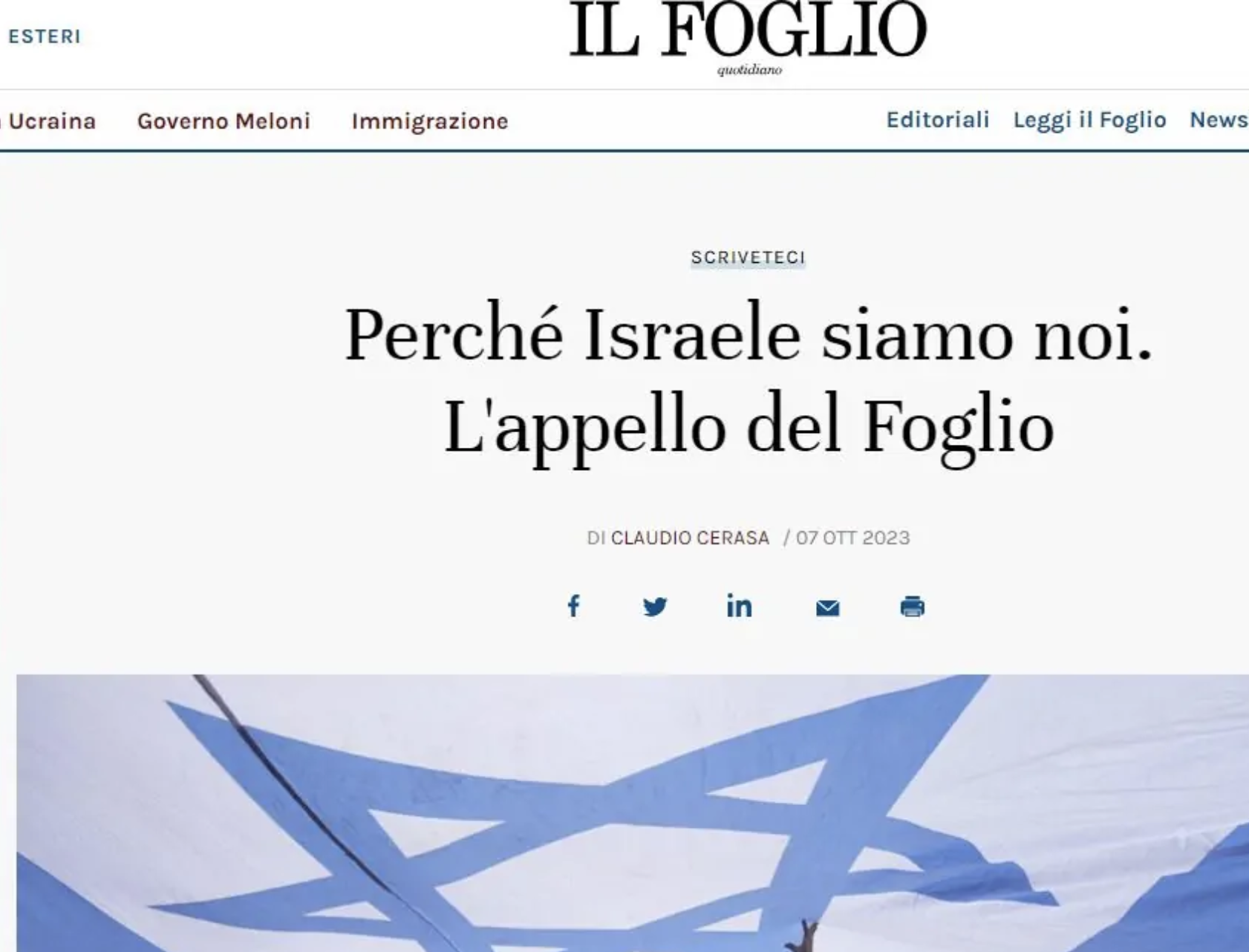 La copertina de Il Foglio, quotidiano fondato da Giuliano Ferrara e diretto da Claudio Cerasa, con la bandiera di Israele, in occasione della strage del 7 ottobre