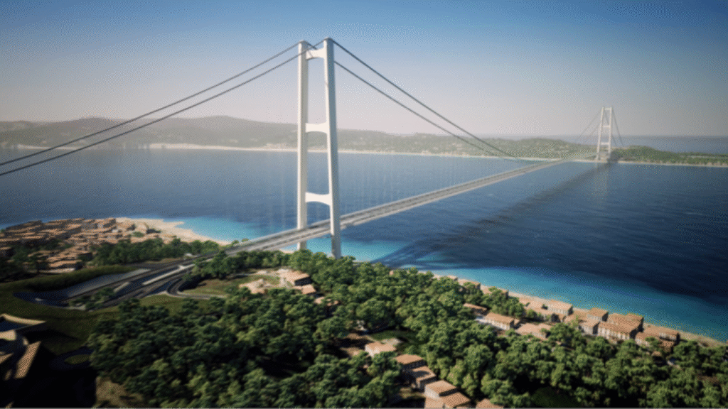Un render del Ponte sullo Stretto. Secondo Codacci Pisanelli, autorevole strutturista italiano, il progetto non sta in piedi.