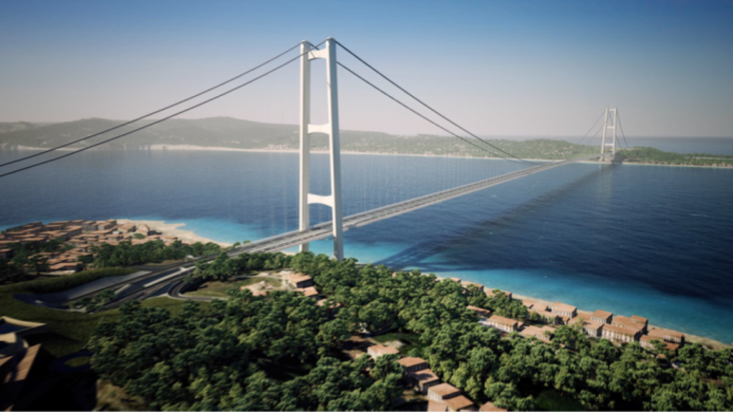 Un render del Ponte sullo Stretto. Secondo Codacci Pisanelli, autorevole strutturista italiano, il progetto non sta in piedi.