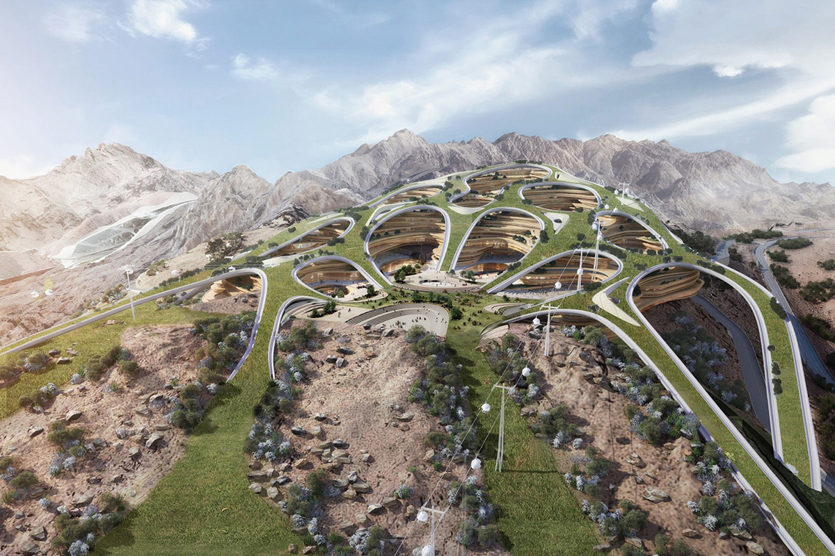 render di Trojena, luogo nel quale dovrebbero svolgersi i giochi asiatici invernali previsti per il 2029 in Arabia Saudita