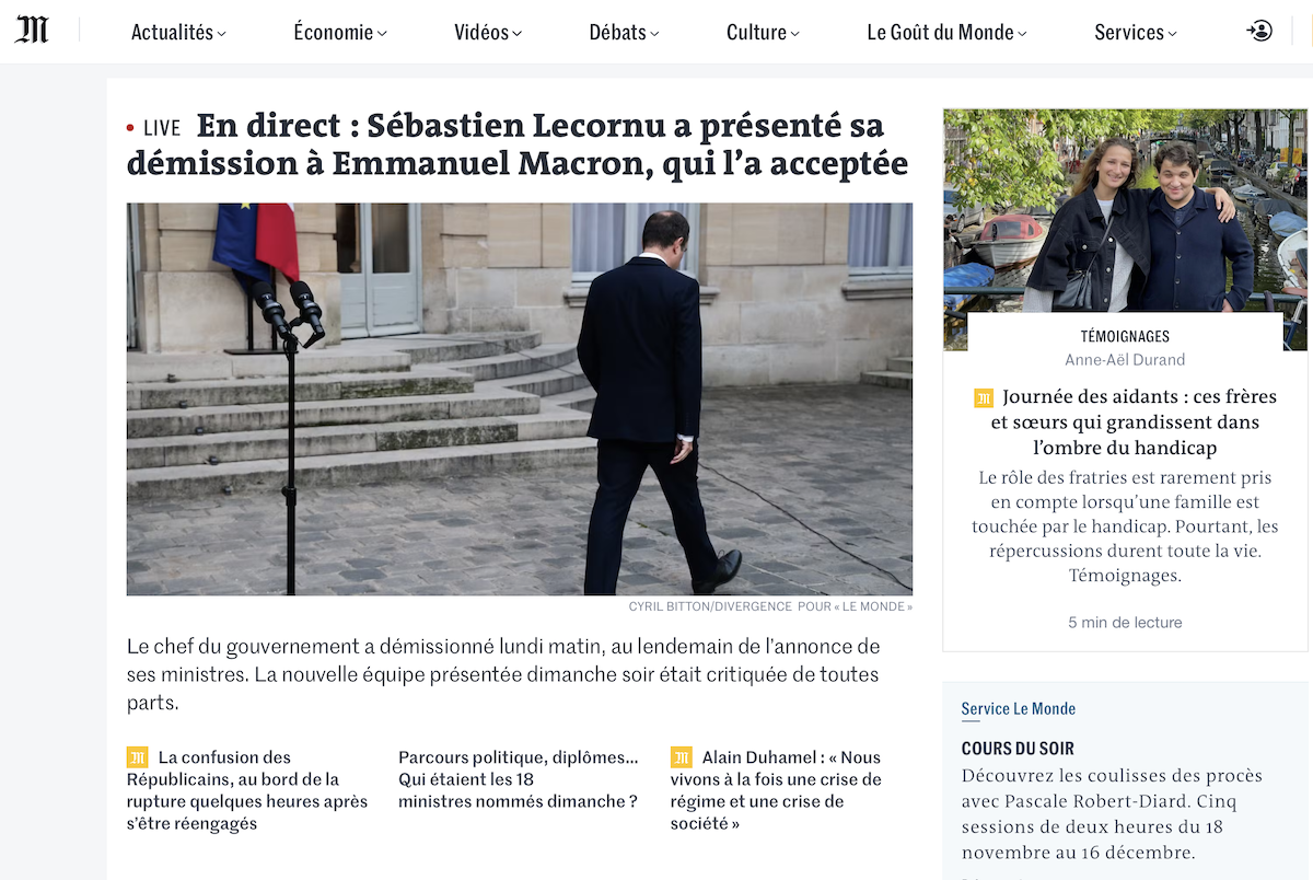 Francia, Lecornu si dimette