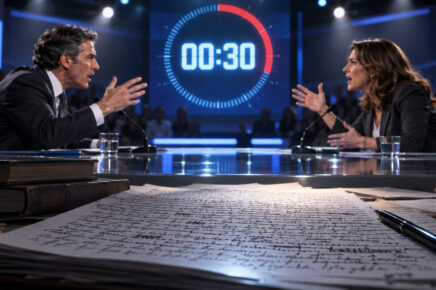 Linguaggio e democrazia: due interlocutori discutono in uno studio televisivo mentre un cronometro segna trenta secondi.